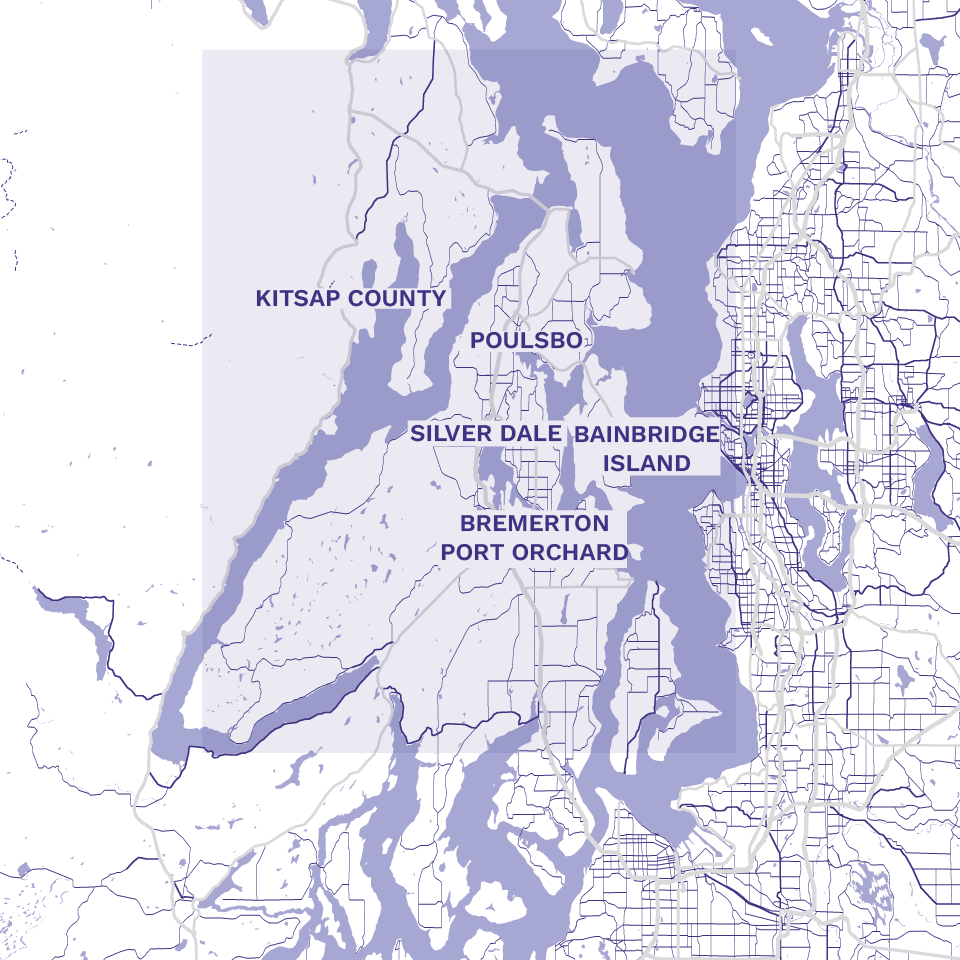 Map Of Areas Serviced In Bremerton Including surrounding areas of Kitsap County, including Poulsbo, Bainbridge Island, Port Orchard, and Silverdale