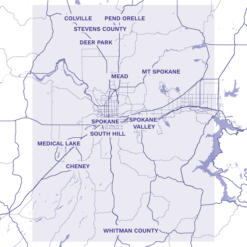 Map Of Areas Serviced In Spokane Including Spokane Valley, South Hill, Mead, Mt. Spokane, Colville, Deer Park, Medical Lake, and Cheney